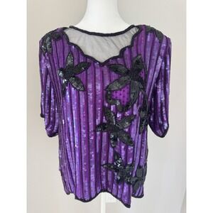 Vintage Stenay Beaded Evening Blouse Women's Size M 100% Silk Black Purple